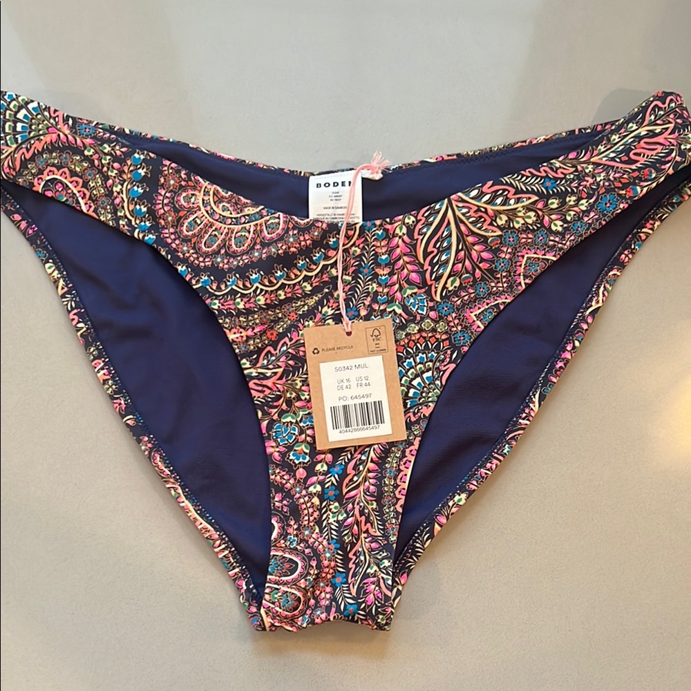 NWT Boden Multicolor Paisley Curved Top Bikini Bottom Size 12